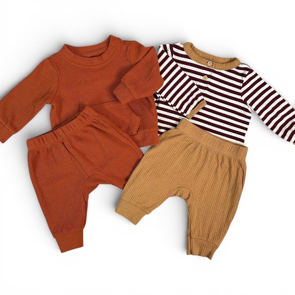 Cat & Jack Baby Boy Newborn 4 Piece Waffle Knit and Striped Outfit Set Rust Tan
